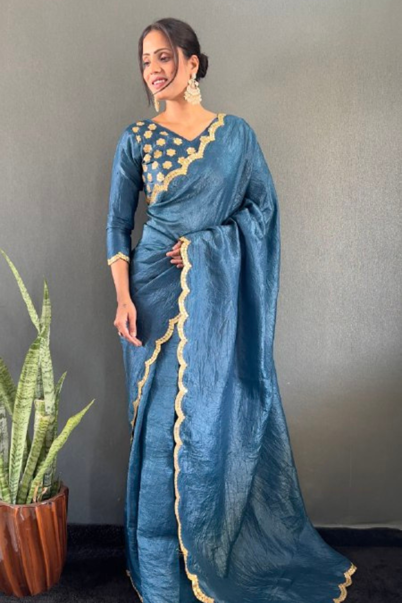 Silk Saree in Teal Gold Crush with Designer Border Work