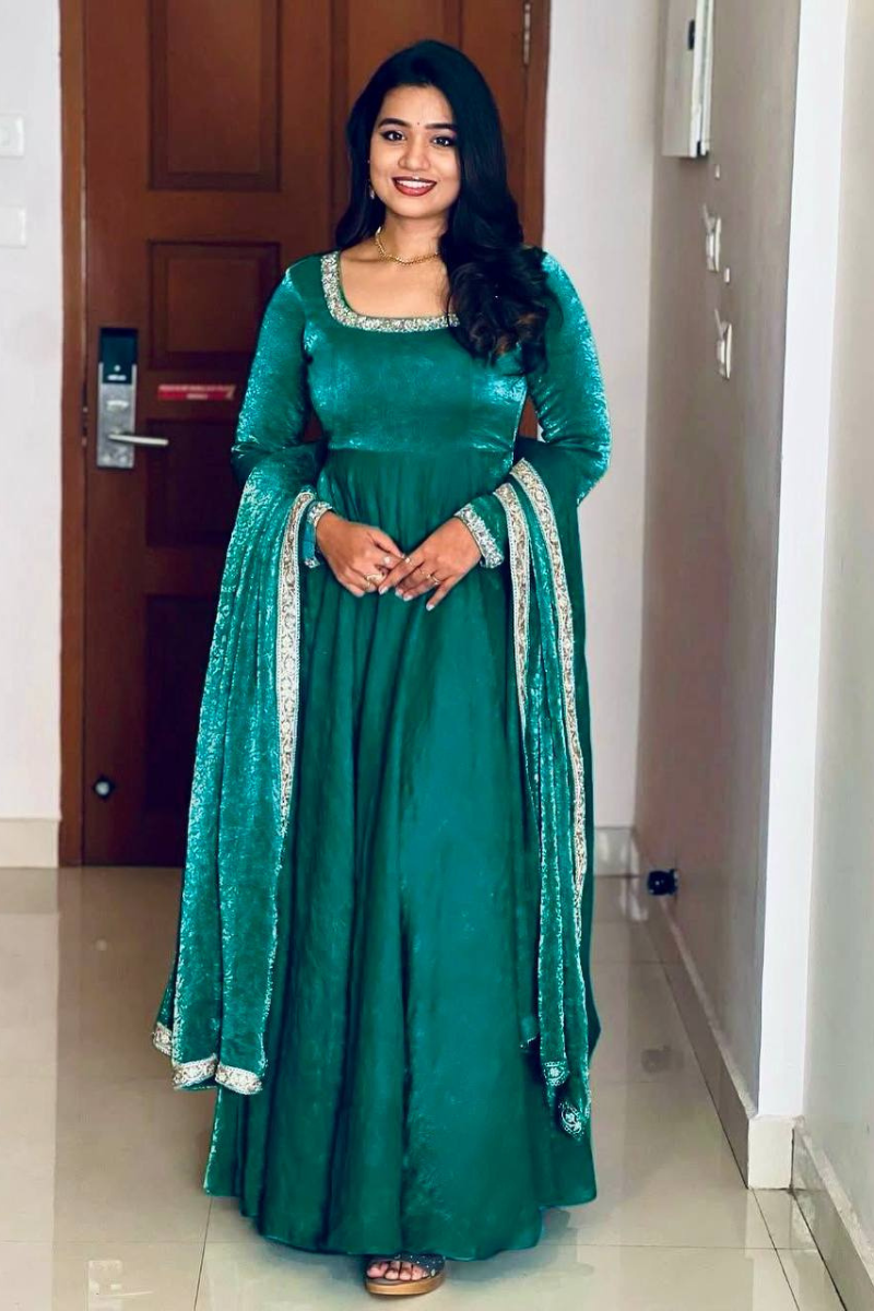 Heavy Goldcrush Silk Gown in Teal Green with Embroidery.