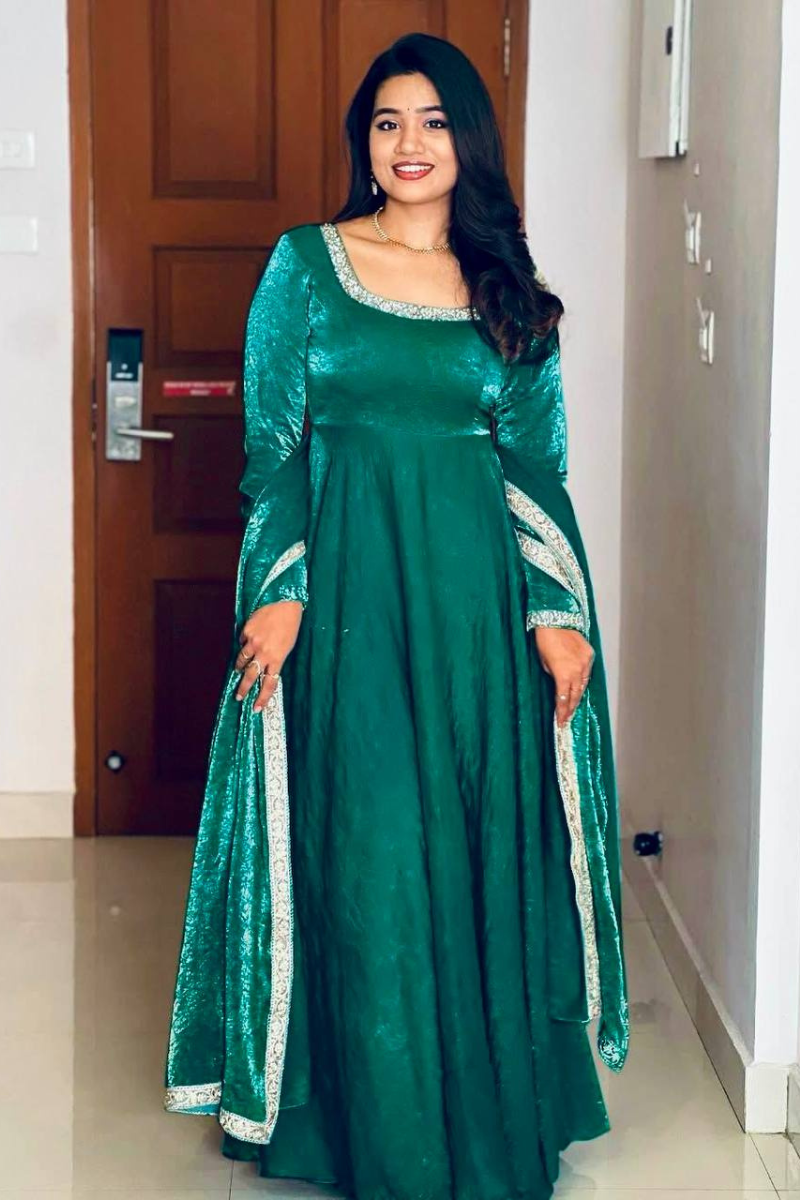 Heavy Goldcrush Silk Gown in Teal Green with Embroidery.