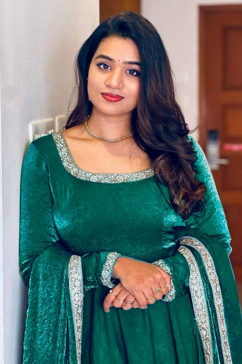 Heavy Goldcrush Silk Gown in Teal Green with Embroidery.