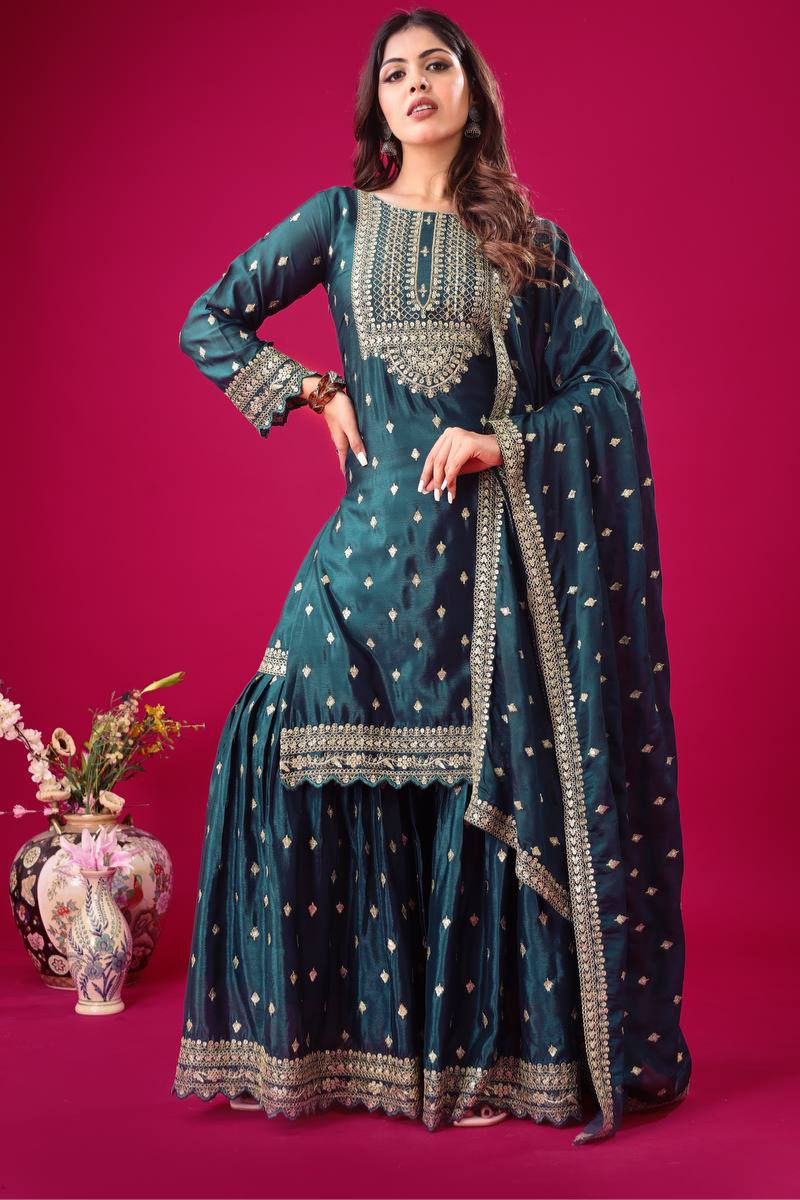 Three-piece embroidered maroon heavy georgette kurti dupatta suit set