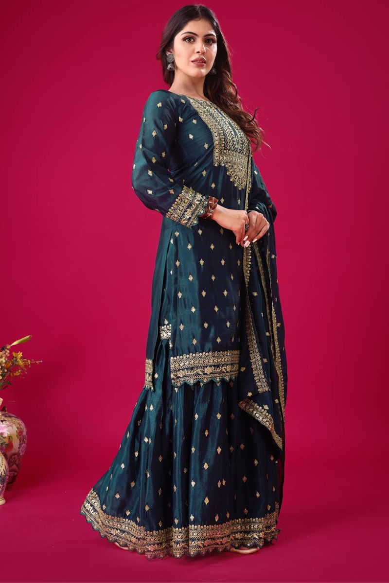 Three-piece embroidered maroon heavy georgette kurti dupatta suit set