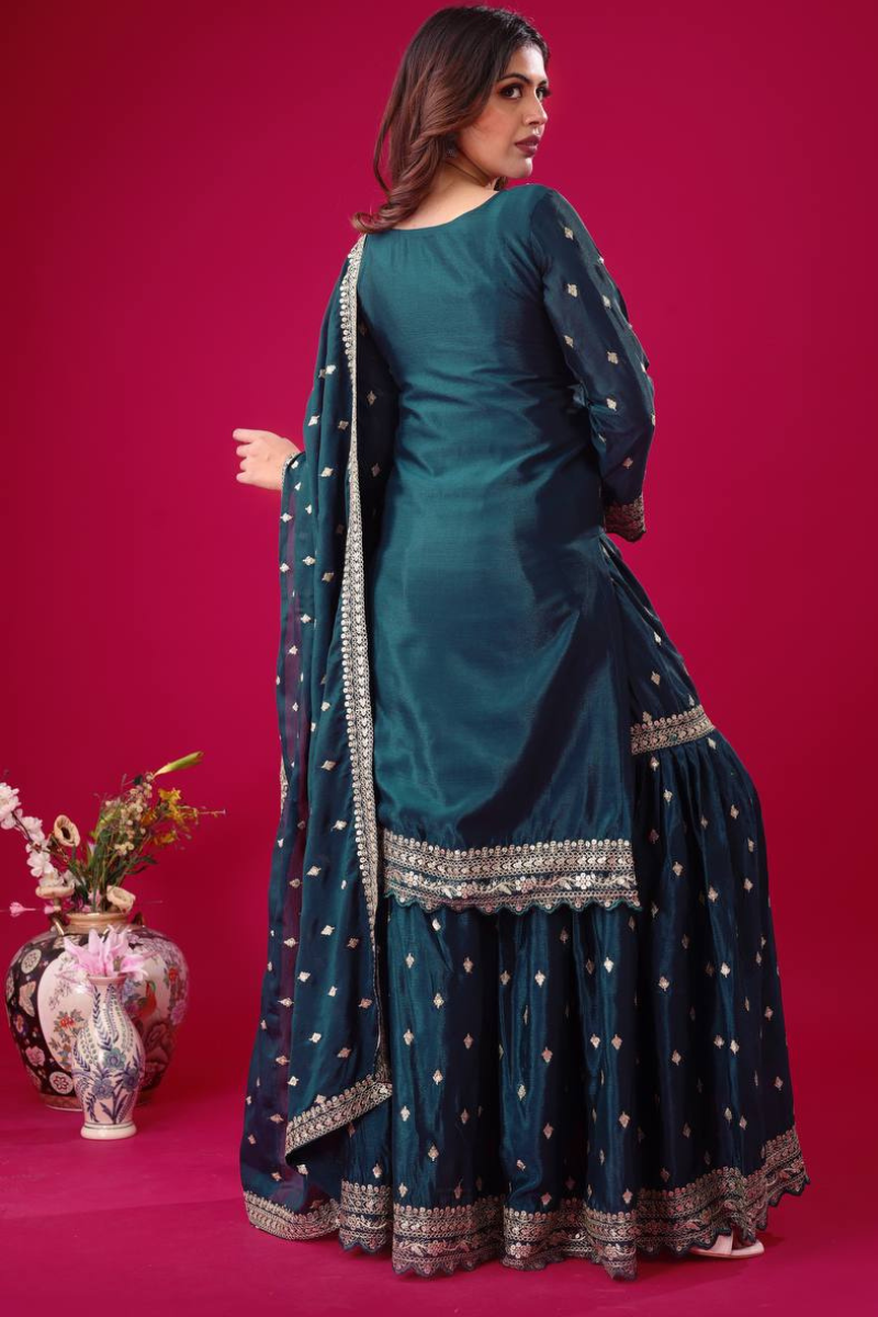 Three-piece embroidered maroon heavy georgette kurti dupatta suit set
