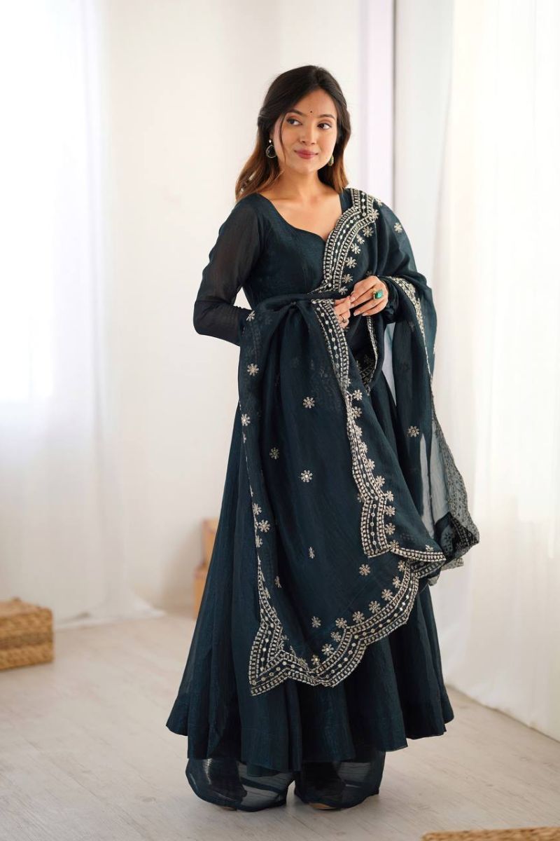 Embroidered Teal Heavy Fandy Silk Anarkali Dupatta Suit Set