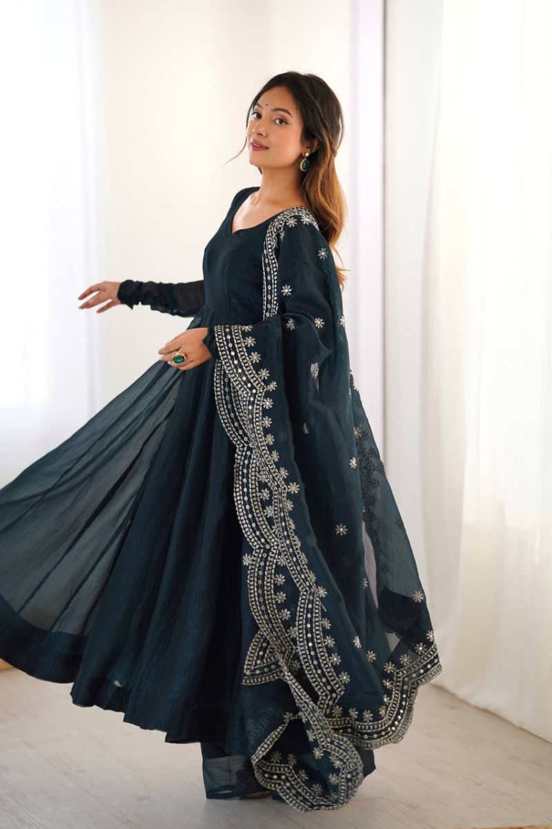 Embroidered Teal Heavy Fandy Silk Anarkali Dupatta Suit Set