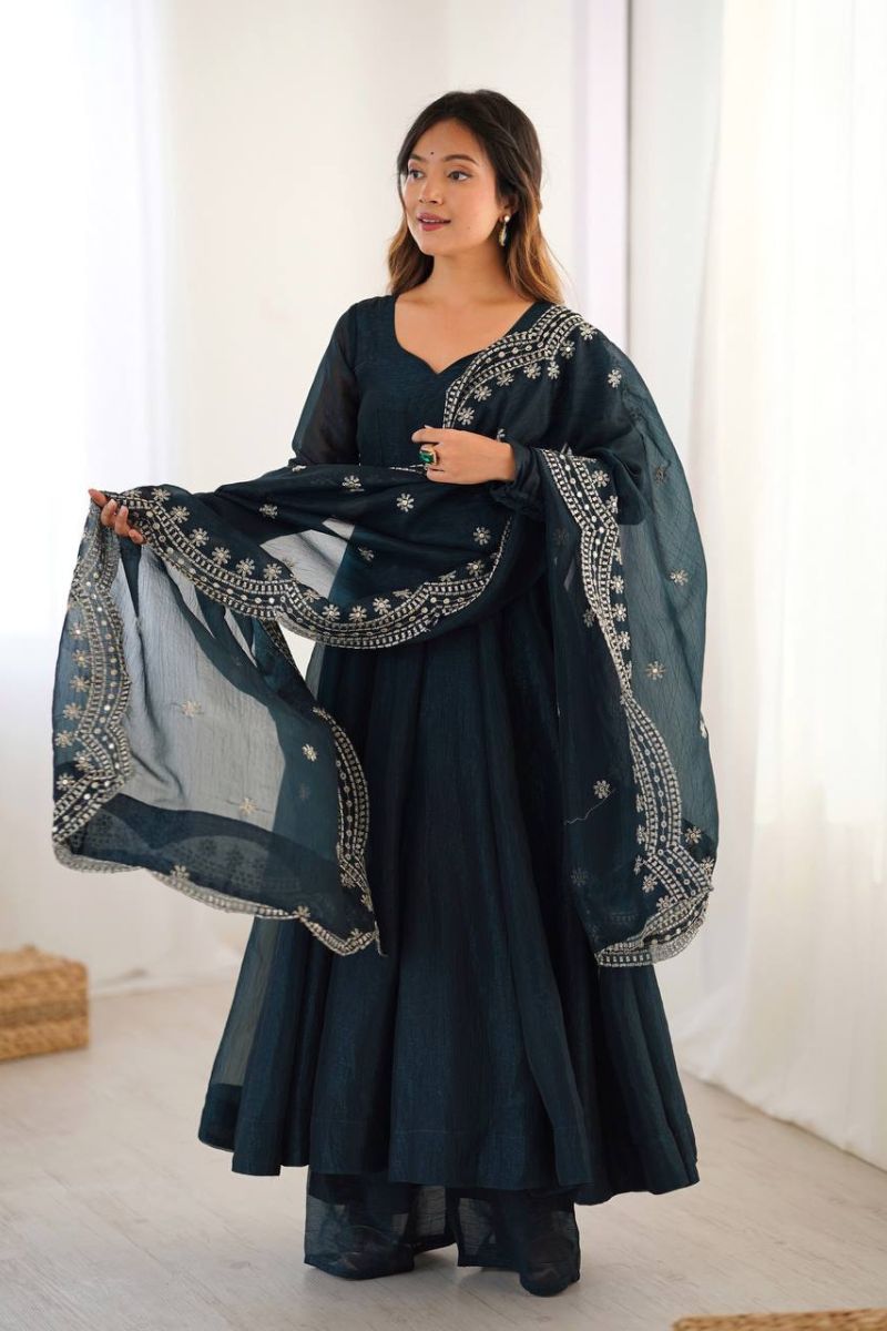 Embroidered Teal Heavy Fandy Silk Anarkali Dupatta Suit Set