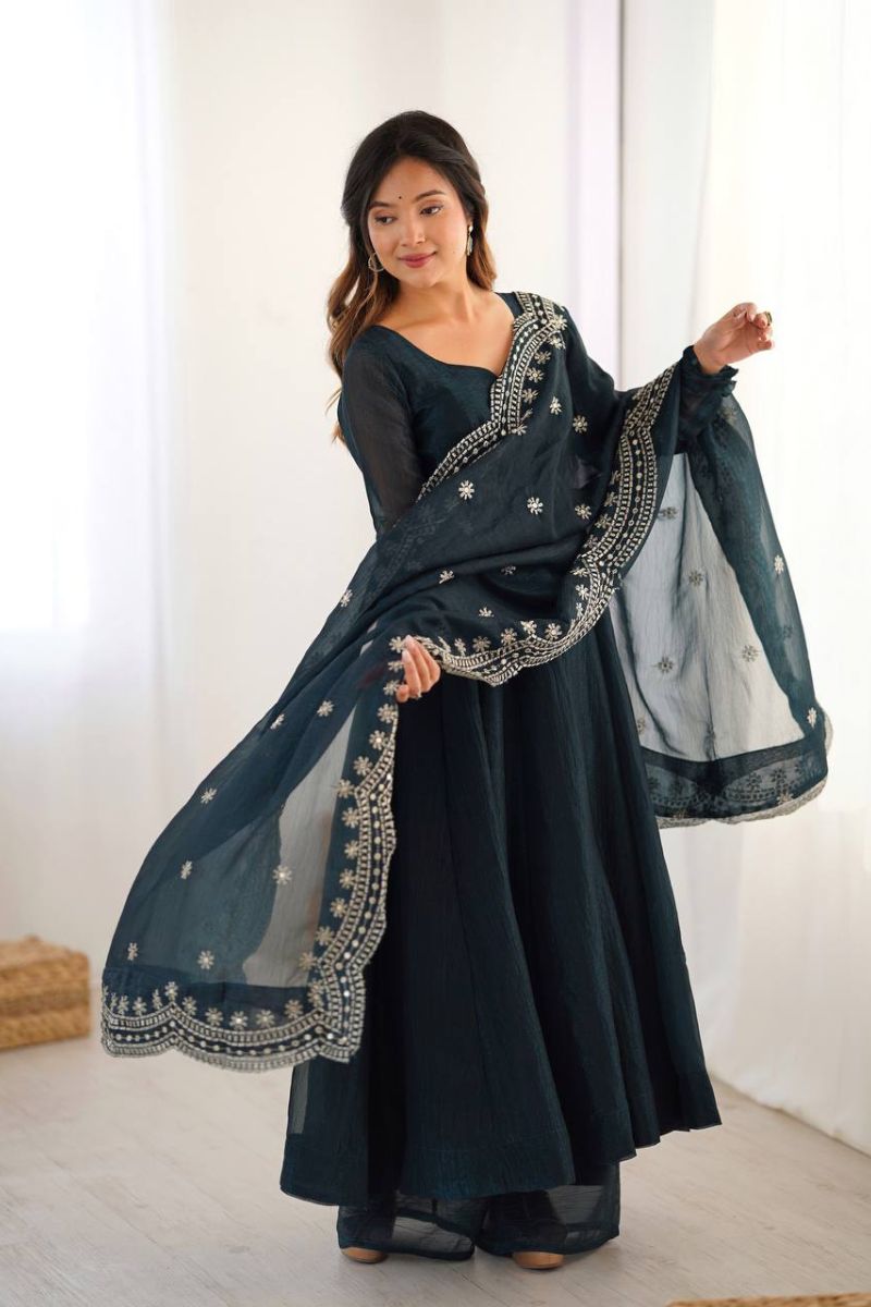 Embroidered Teal Heavy Fandy Silk Anarkali Dupatta Suit Set