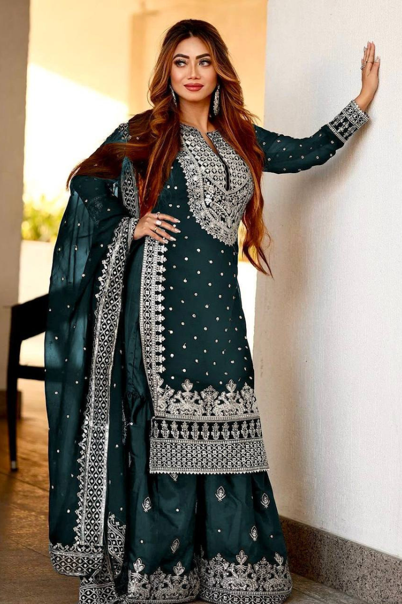 Teal Heavy Faux Georgette Kurta Dupatta Sharara Suit Set
