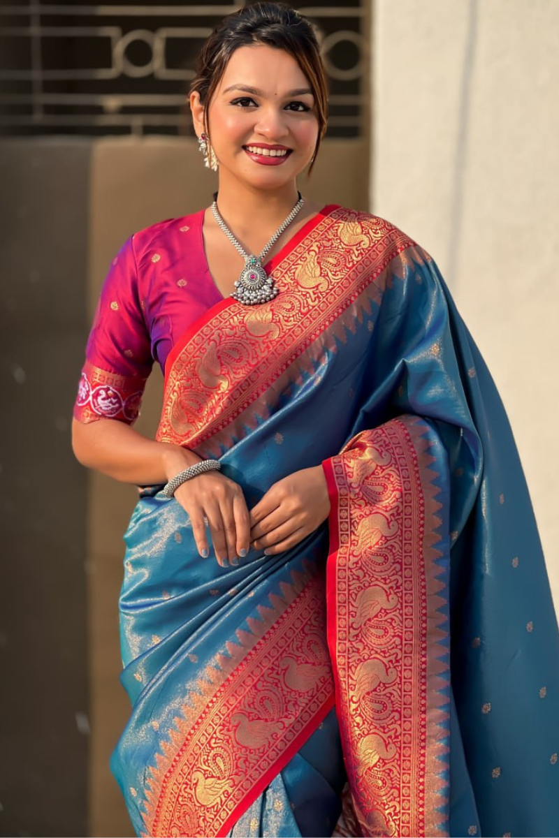 Sarees made of teal Katki silk with floral designs