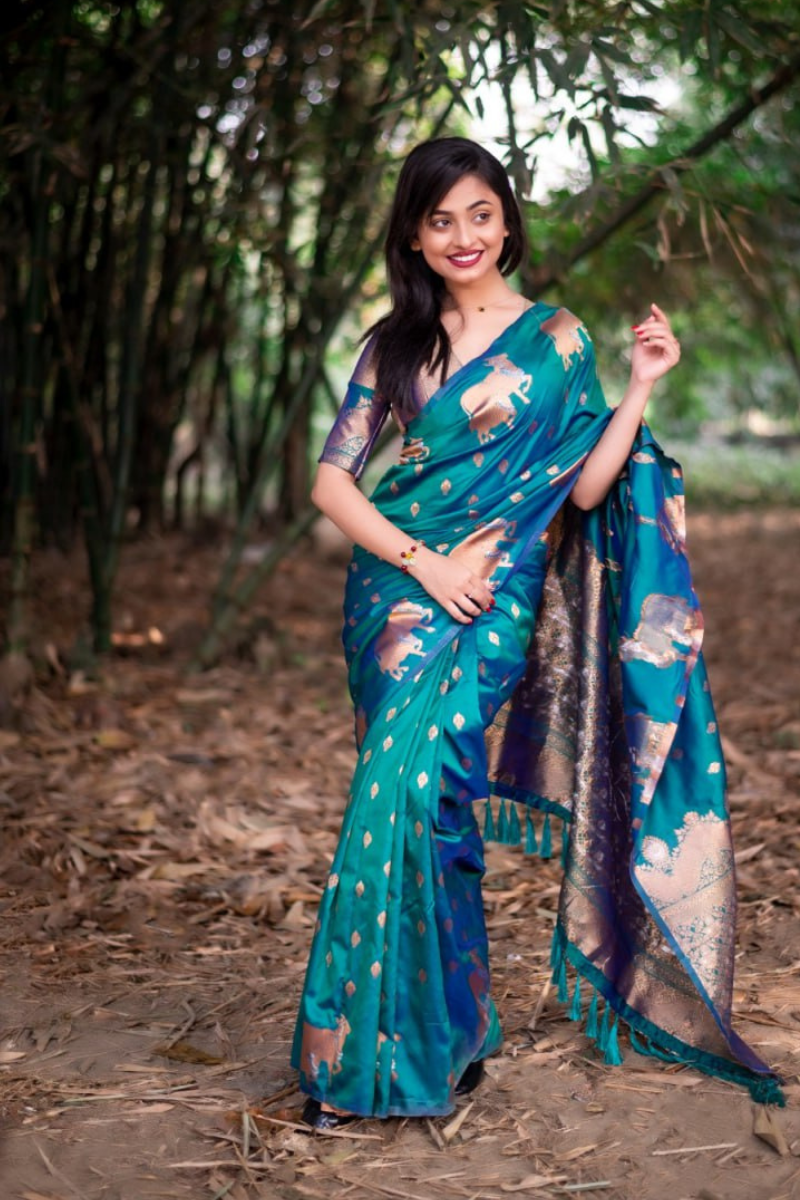 Soft moonga silk sarees in teal with zari designs