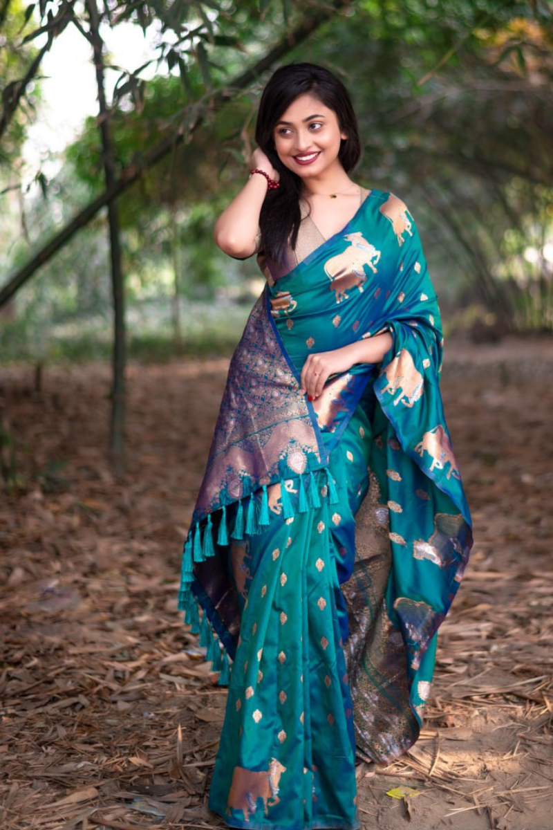 Soft moonga silk sarees in teal with zari designs