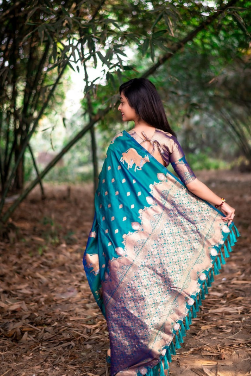 Soft moonga silk sarees in teal with zari designs