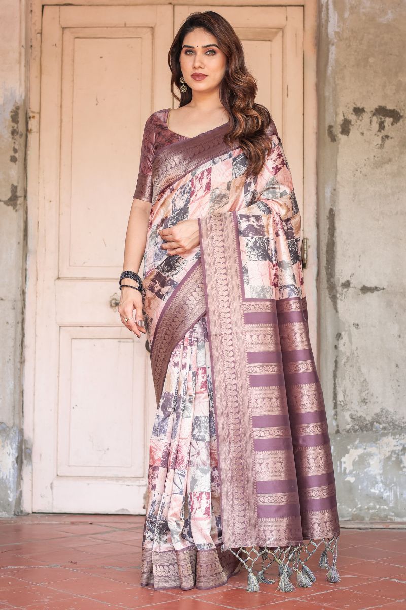Banarasi Saree in Black with Peach and Rust Accents
