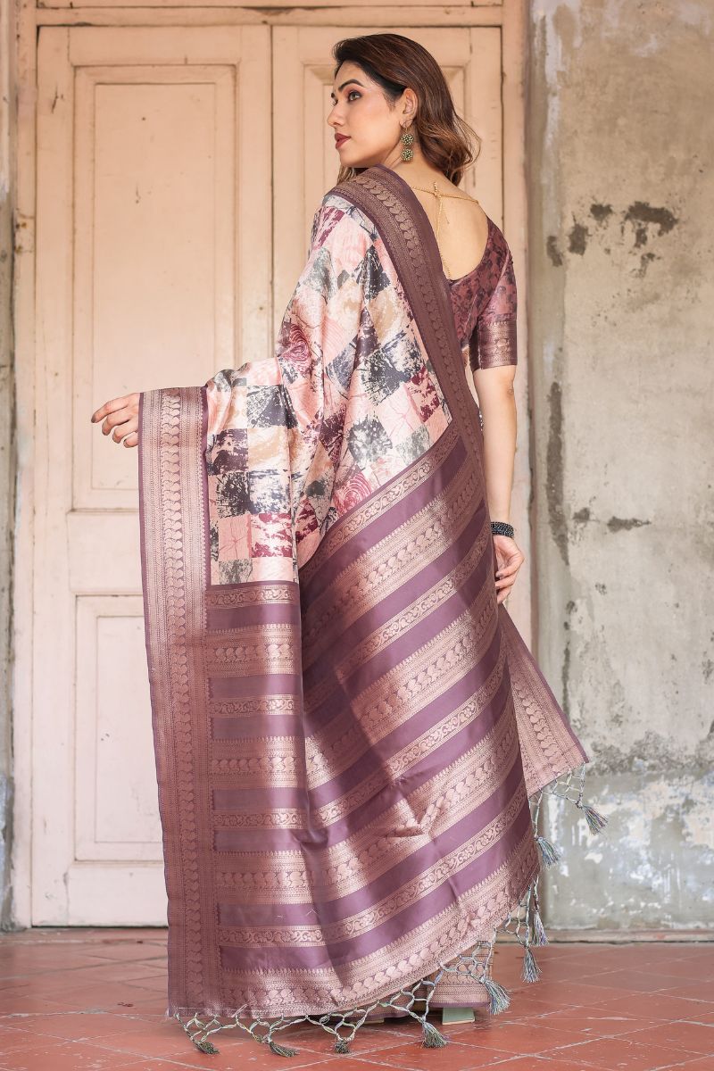 Banarasi Saree in Black with Peach and Rust Accents