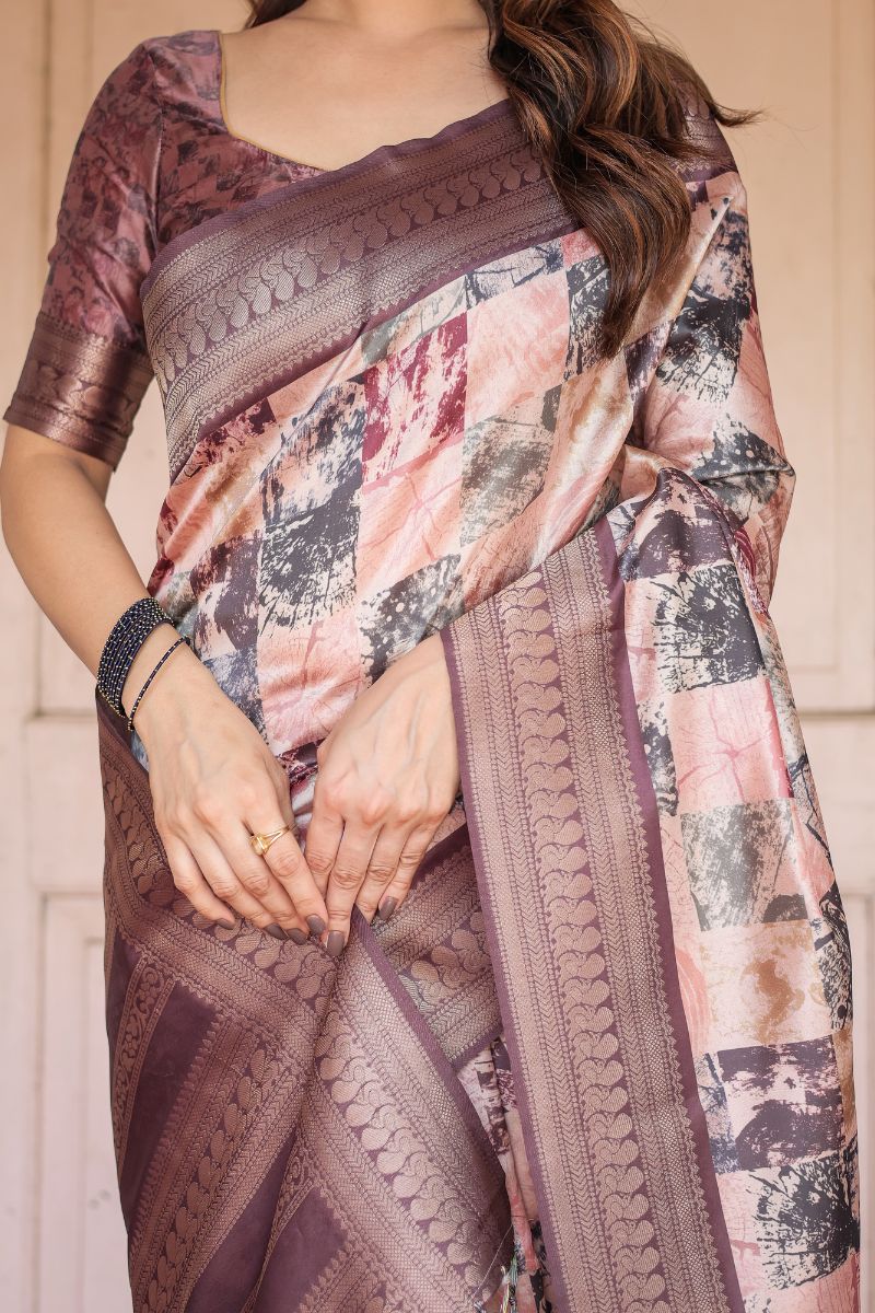 Banarasi Saree in Black with Peach and Rust Accents