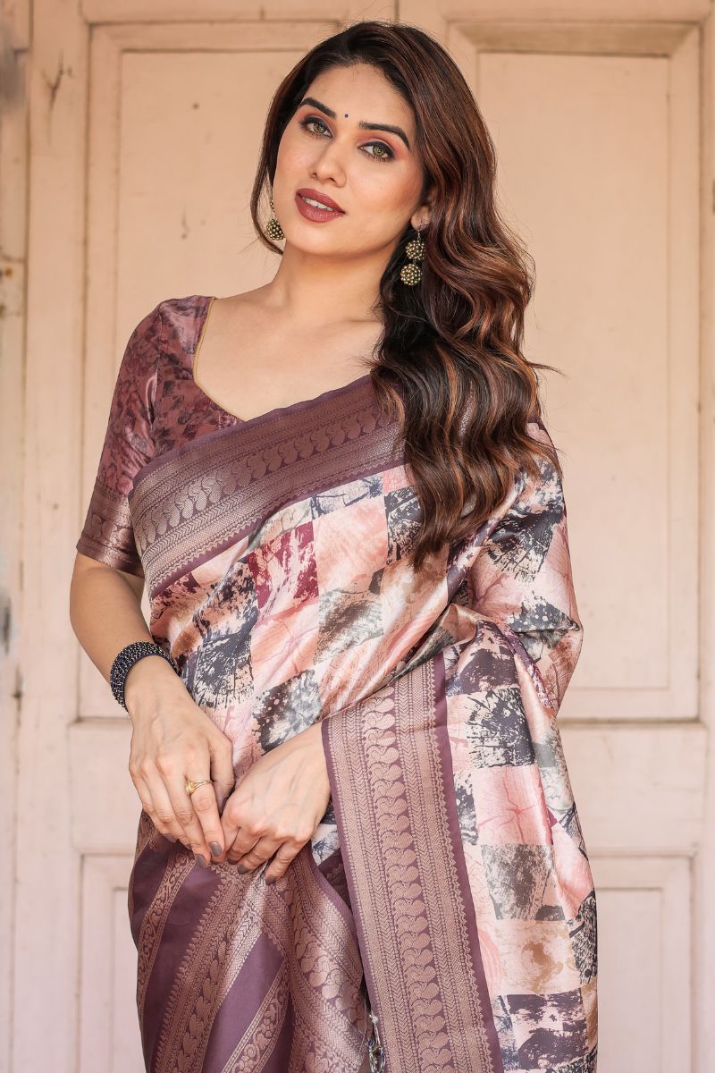 Banarasi Saree in Black with Peach and Rust Accents