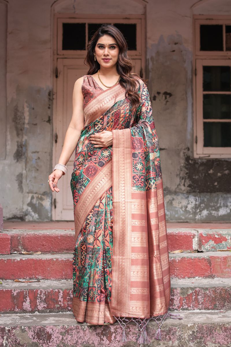 Digitally printed silk saree with a unique tribal geometric print