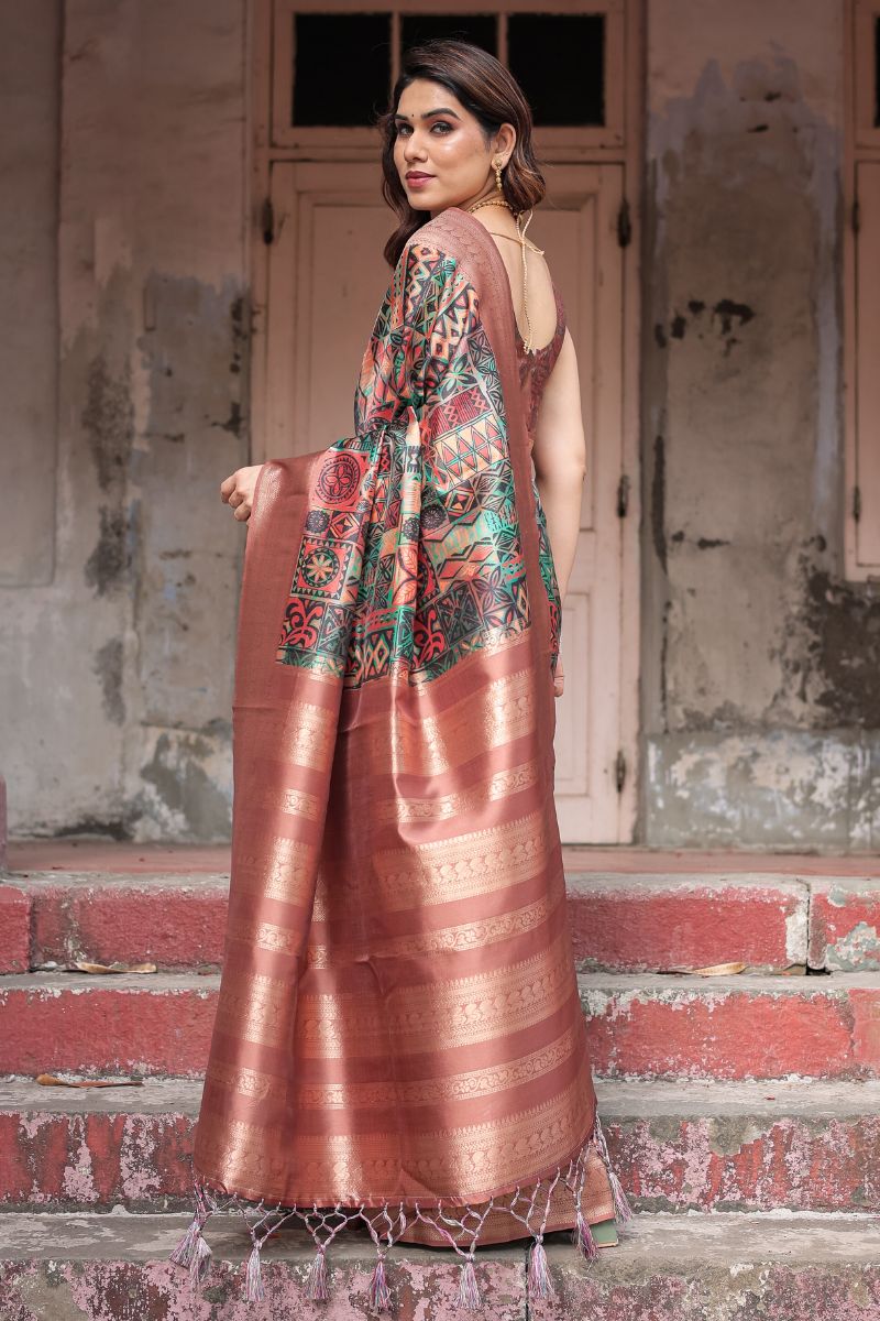 Digitally printed silk saree with a unique tribal geometric print
