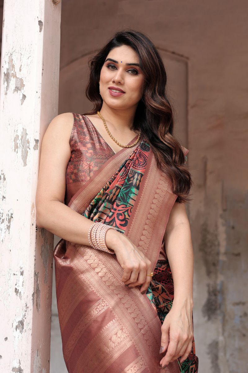 Digitally printed silk saree with a unique tribal geometric print