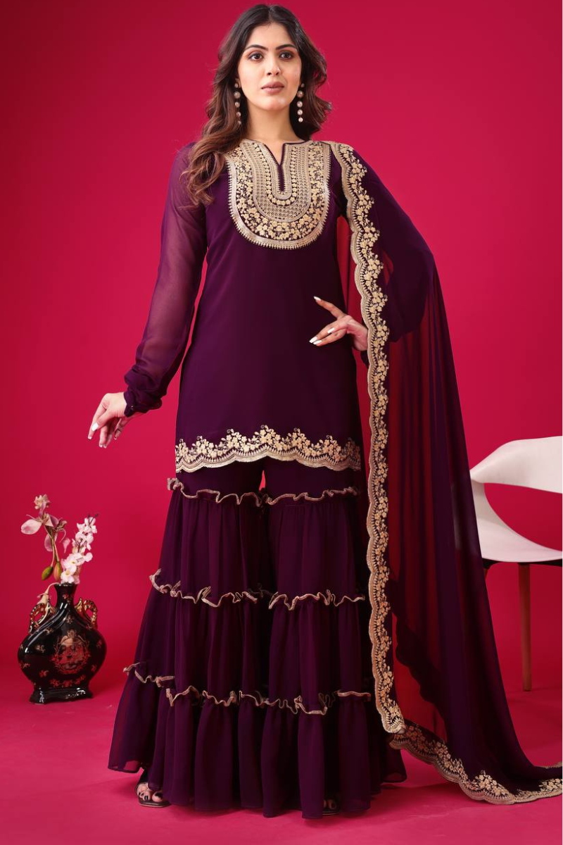 Faux Violet Blooming Three-piece Georgette Sharara Suit Set with Kurta Dupatta