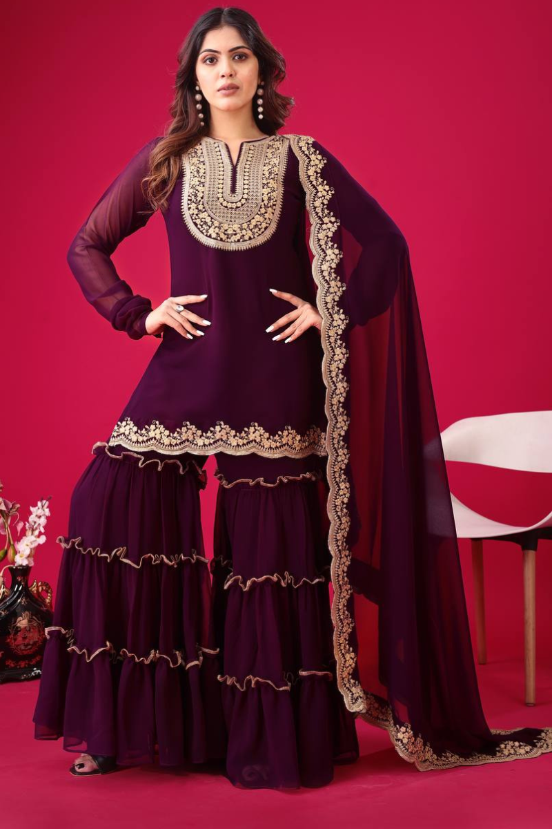 Faux Violet Blooming Three-piece Georgette Sharara Suit Set with Kurta Dupatta