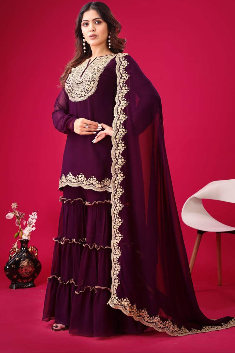 Faux Violet Blooming Three-piece Georgette Sharara Suit Set with Kurta Dupatta