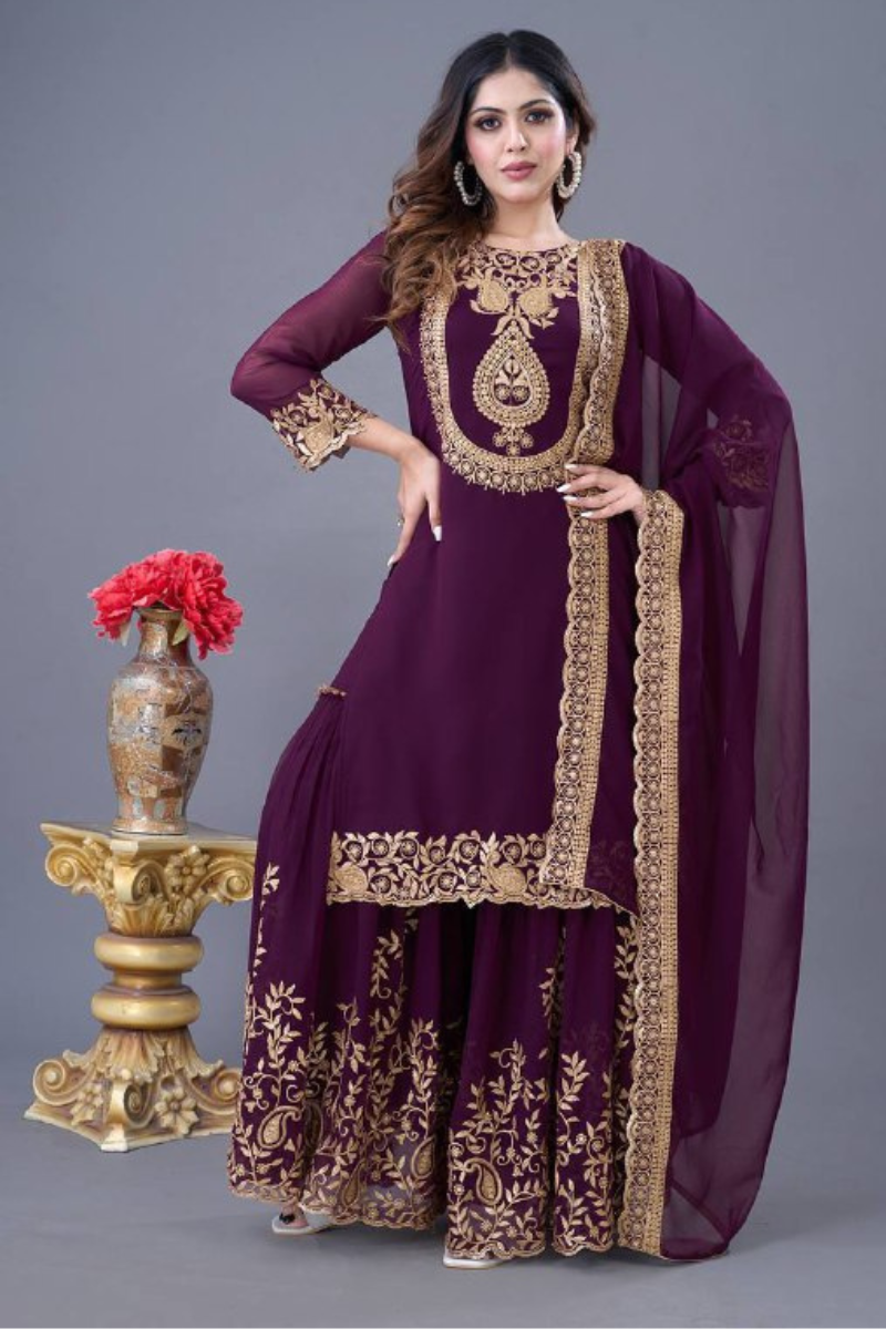 Faux Violet Blooming Embroidered Georgette Sharara Dupatta Set