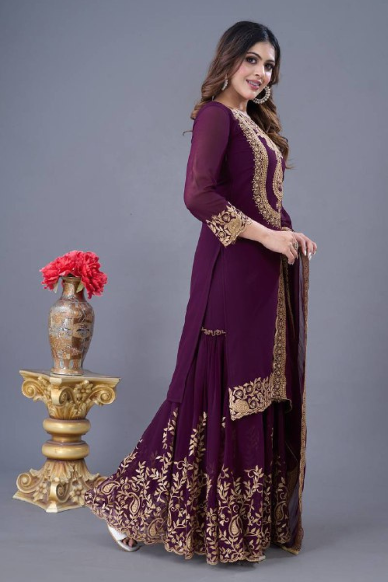 Faux Violet Blooming Embroidered Georgette Sharara Dupatta Set