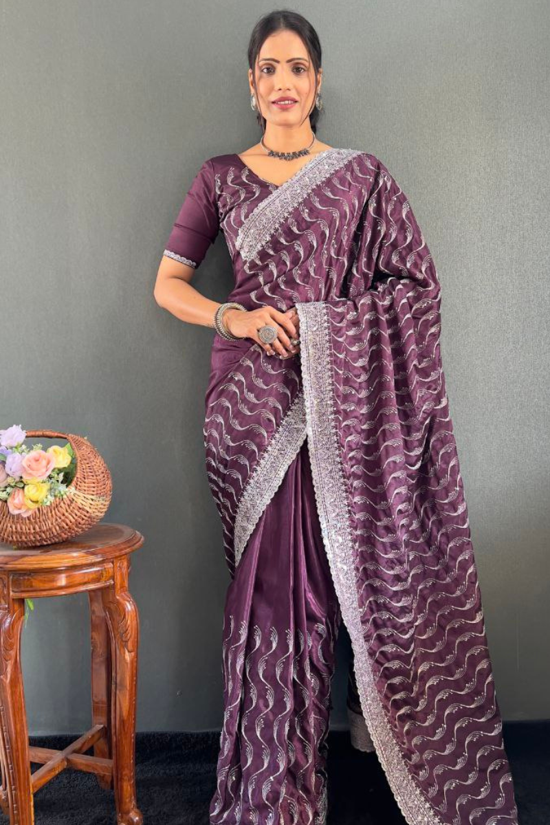 Zari Sequence Work Embroidered Violet Chinnon Silk Saree