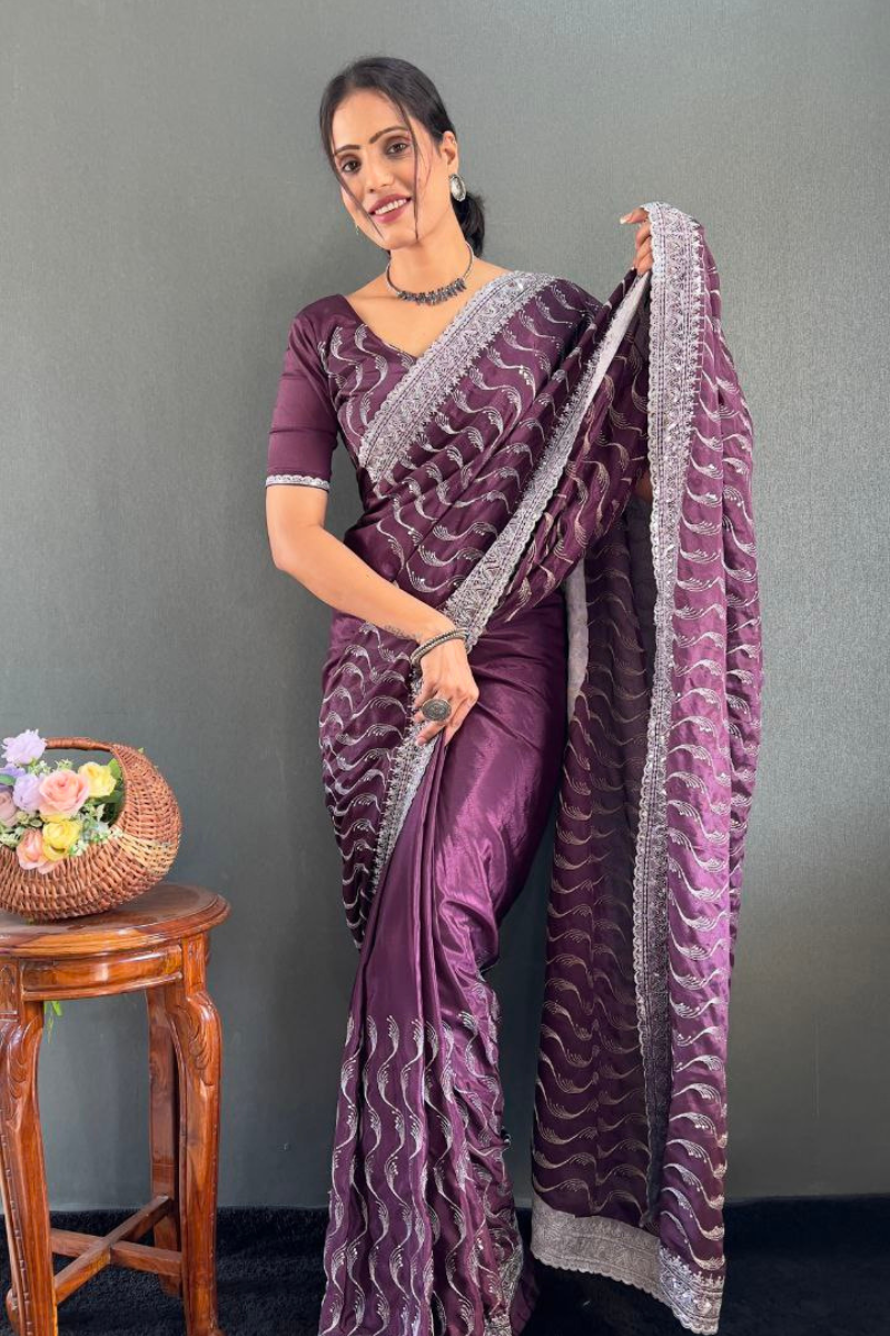 Zari Sequence Work Embroidered Violet Chinnon Silk Saree