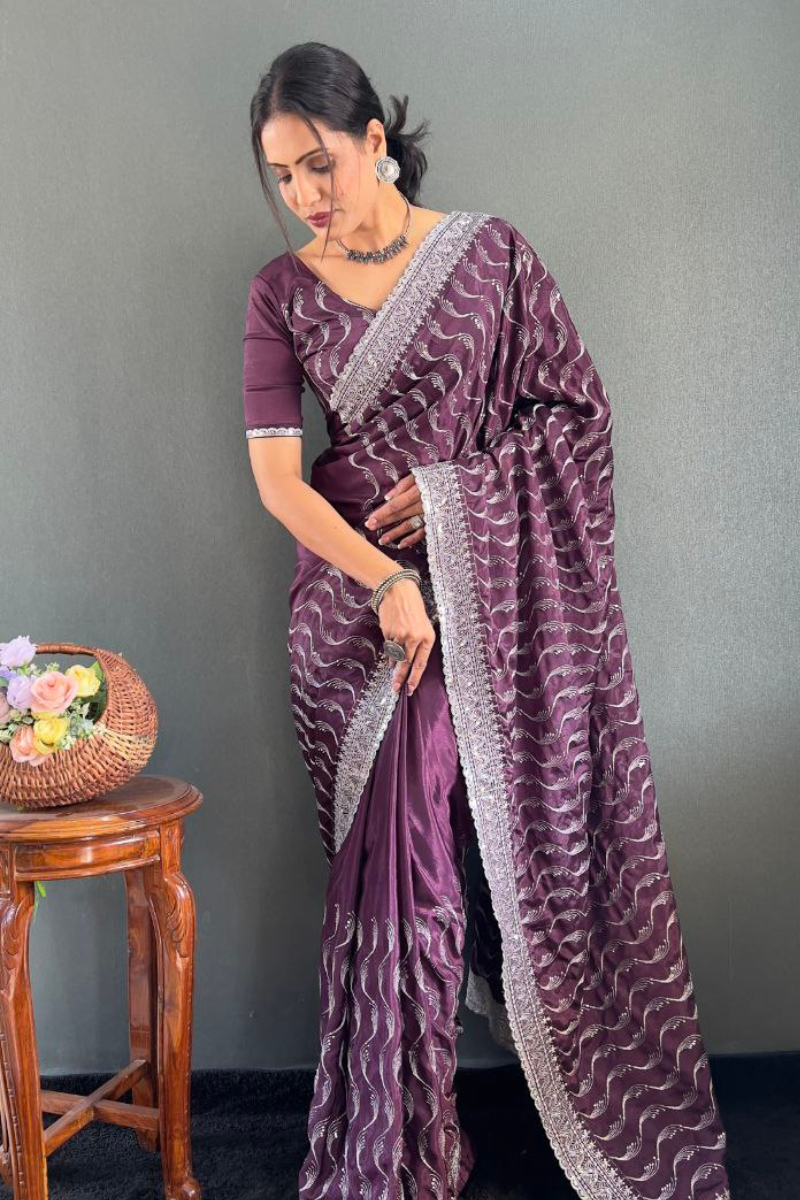 Zari Sequence Work Embroidered Violet Chinnon Silk Saree