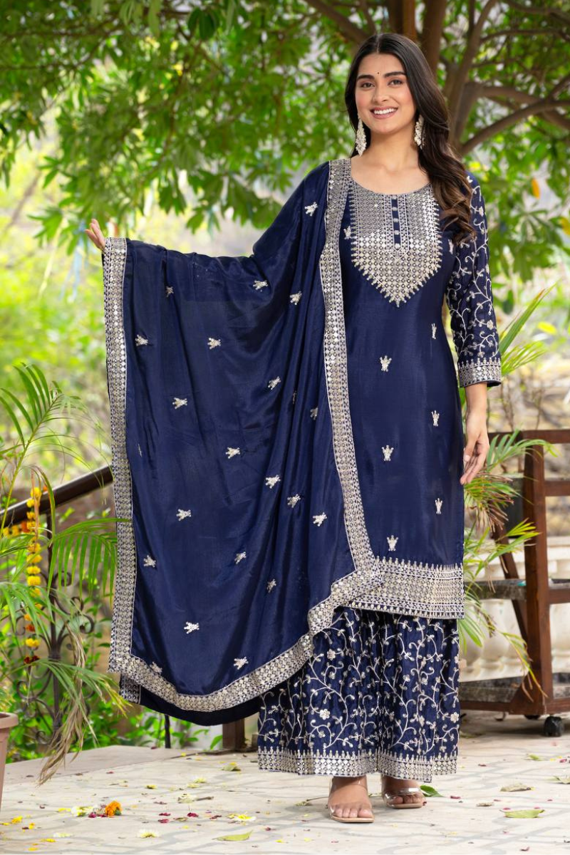 Three-Piece Violet Chinon Sharara Suit Set with Embroidered Lace Border