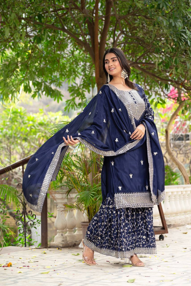 Three-Piece Violet Chinon Sharara Suit Set with Embroidered Lace Border