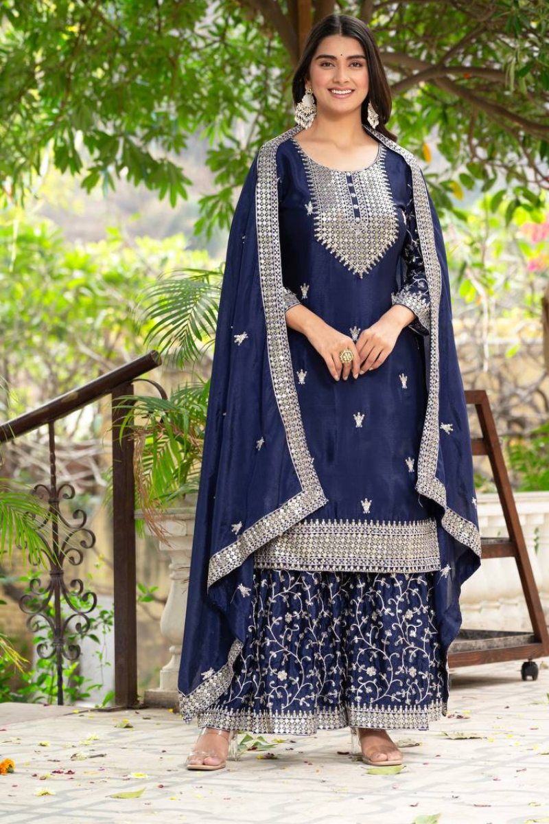 Three-Piece Violet Chinon Sharara Suit Set with Embroidered Lace Border