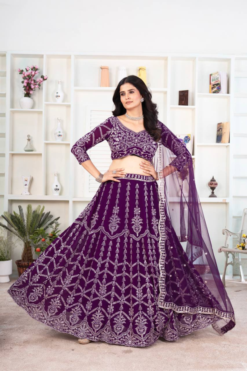 Embroidered Violet Faux Georgette Lehanga Choli Set