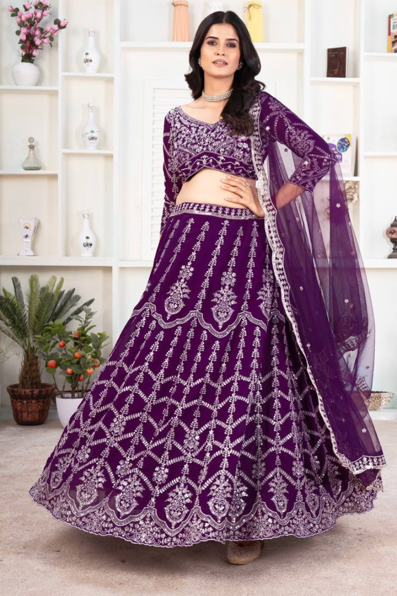 Embroidered Violet Faux Georgette Lehanga Choli Set
