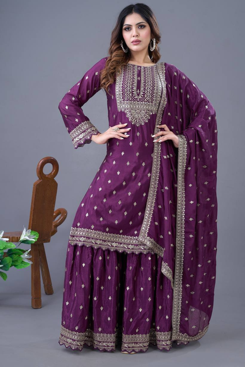Beige Heavy Chinon Silk 3 Piece Kurti Dupatta Sharara Suit Set