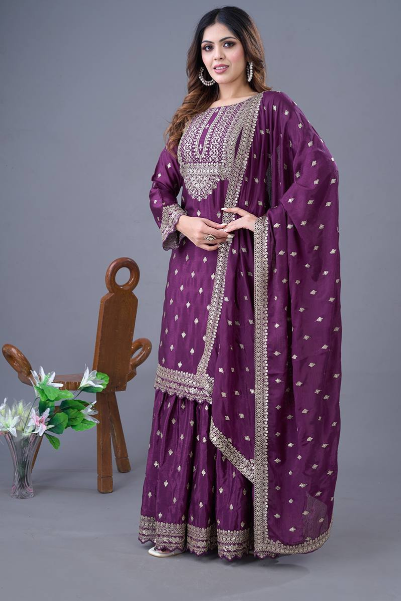 Beige Heavy Chinon Silk 3 Piece Kurti Dupatta Sharara Suit Set