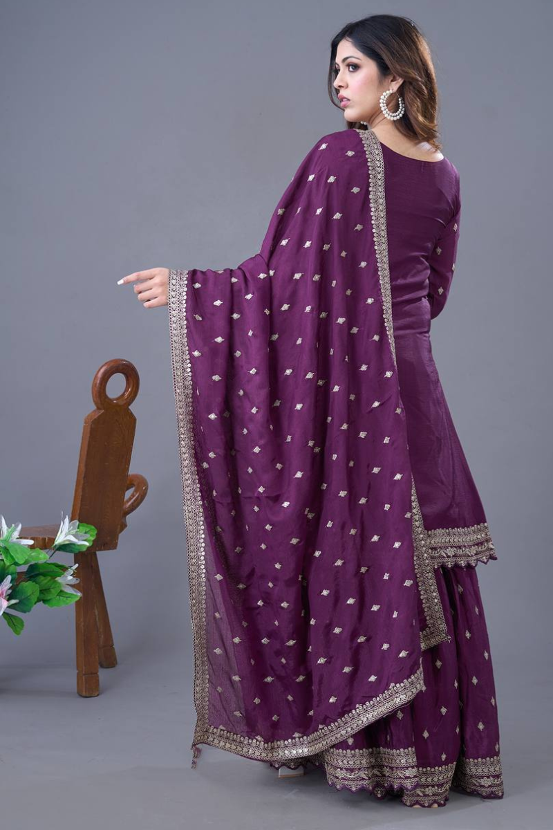 Beige Heavy Chinon Silk 3 Piece Kurti Dupatta Sharara Suit Set