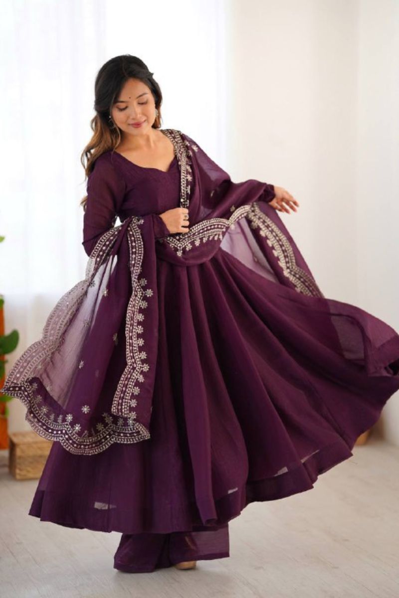 Violet Heavy Fandy Silk Anarkali Dupatta Suit Set Embroidered