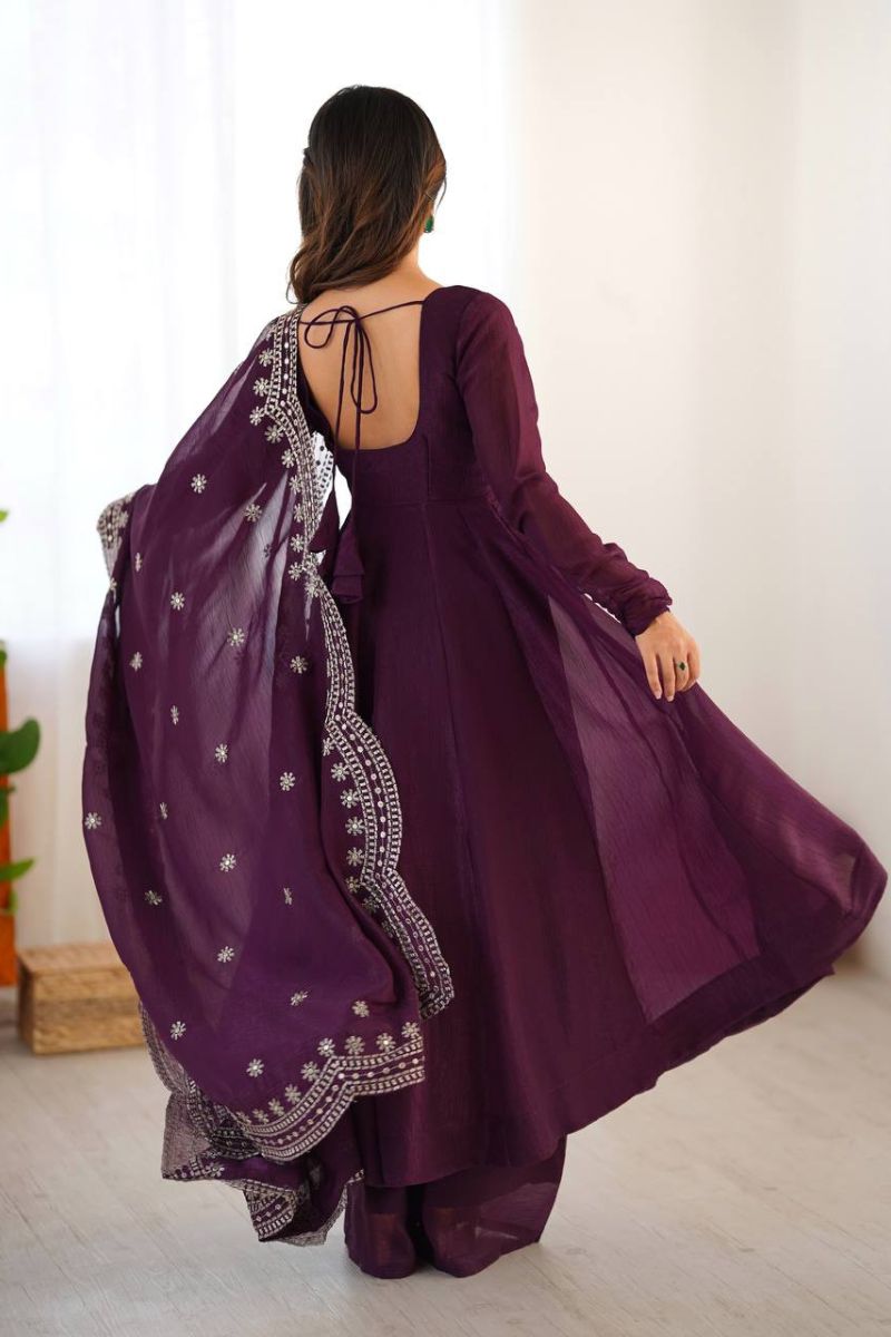 Violet Heavy Fandy Silk Anarkali Dupatta Suit Set Embroidered