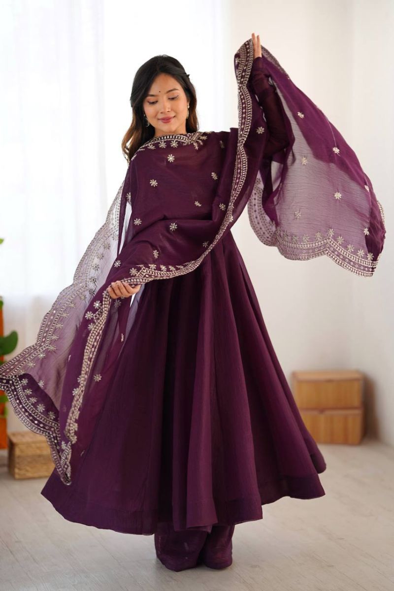 Violet Heavy Fandy Silk Anarkali Dupatta Suit Set Embroidered