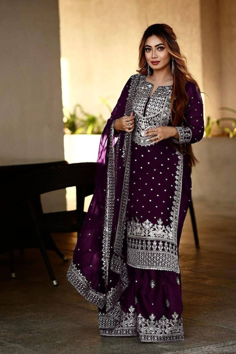 Violet Heavy Faux Georgette Kurta Dupatta Sharara Suit Set