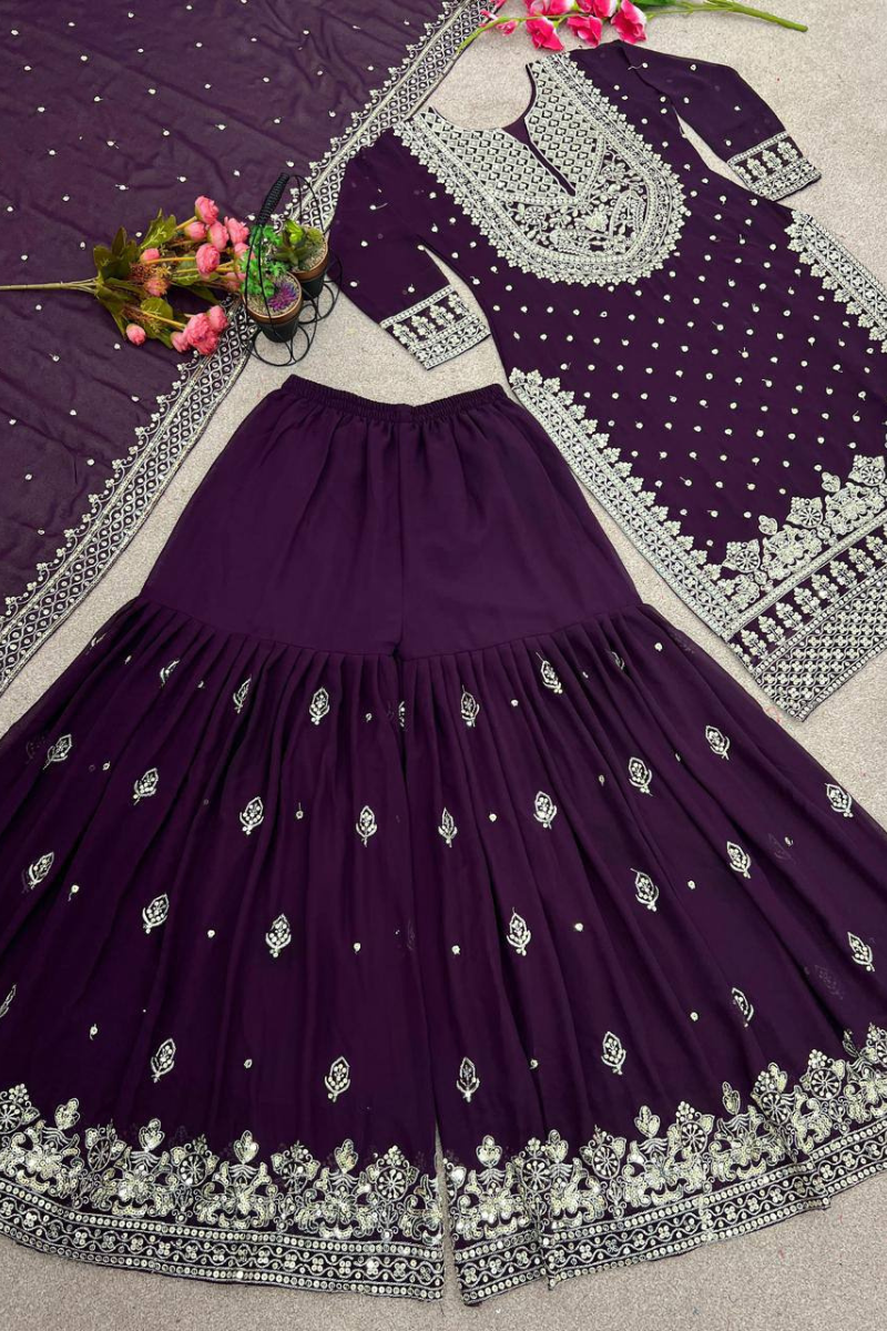 Violet Heavy Faux Georgette Kurta Dupatta Sharara Suit Set
