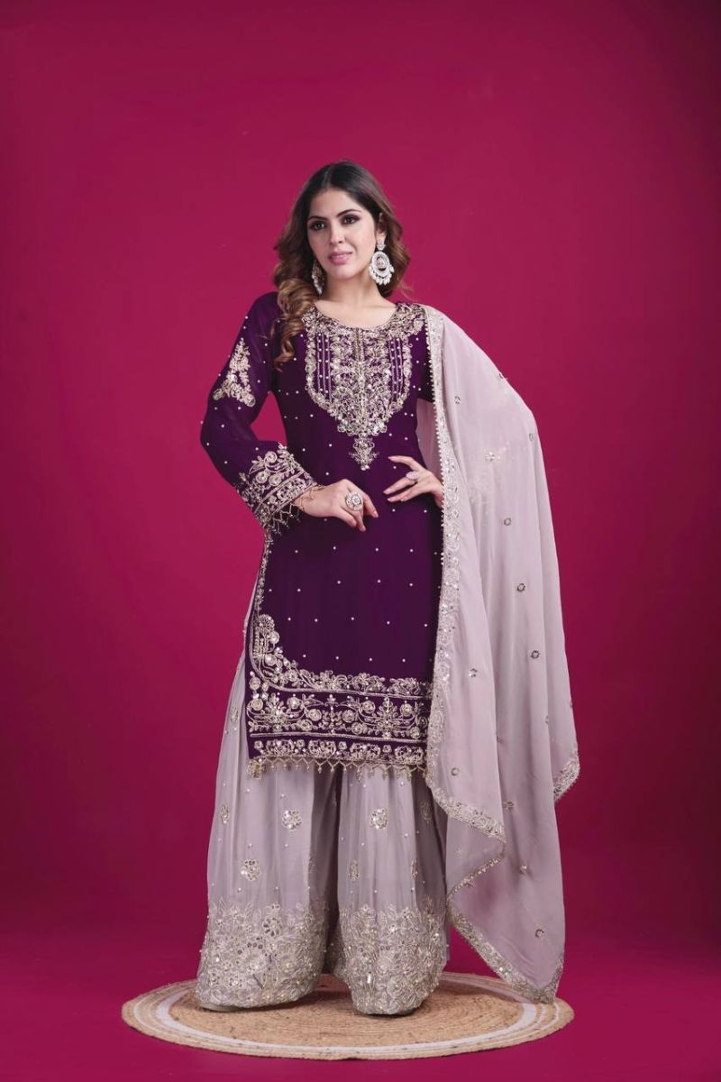 Heavy Faux Violet Embroidered Georgette Sharara Dupatta Suit Set
