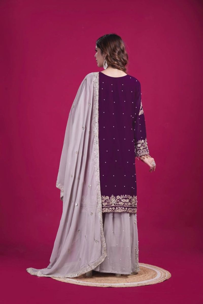 Heavy Faux Violet Embroidered Georgette Sharara Dupatta Suit Set