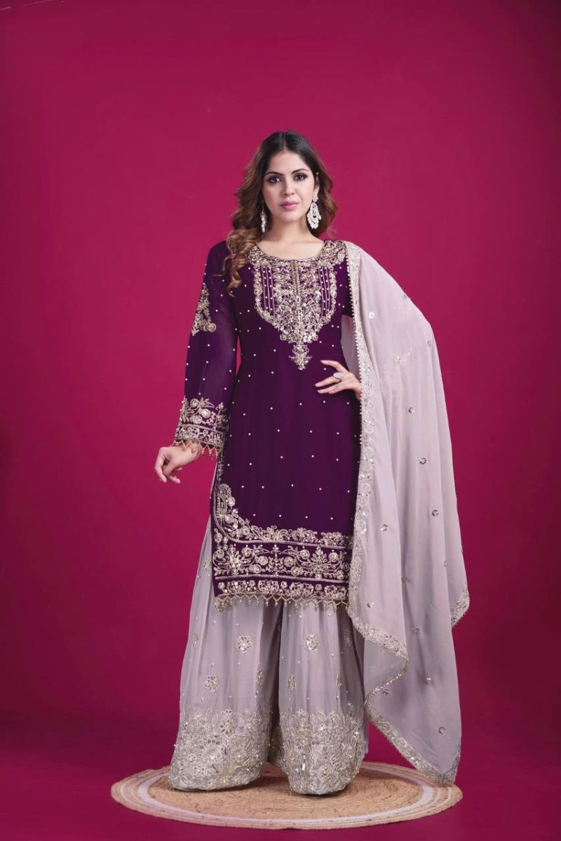 Heavy Faux Violet Embroidered Georgette Sharara Dupatta Suit Set