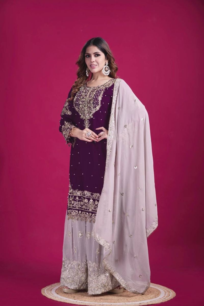 Heavy Faux Violet Embroidered Georgette Sharara Dupatta Suit Set