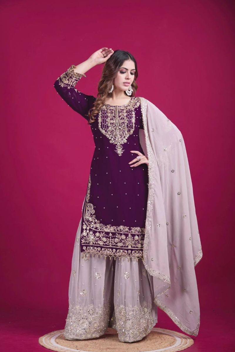 Heavy Faux Violet Embroidered Georgette Sharara Dupatta Suit Set