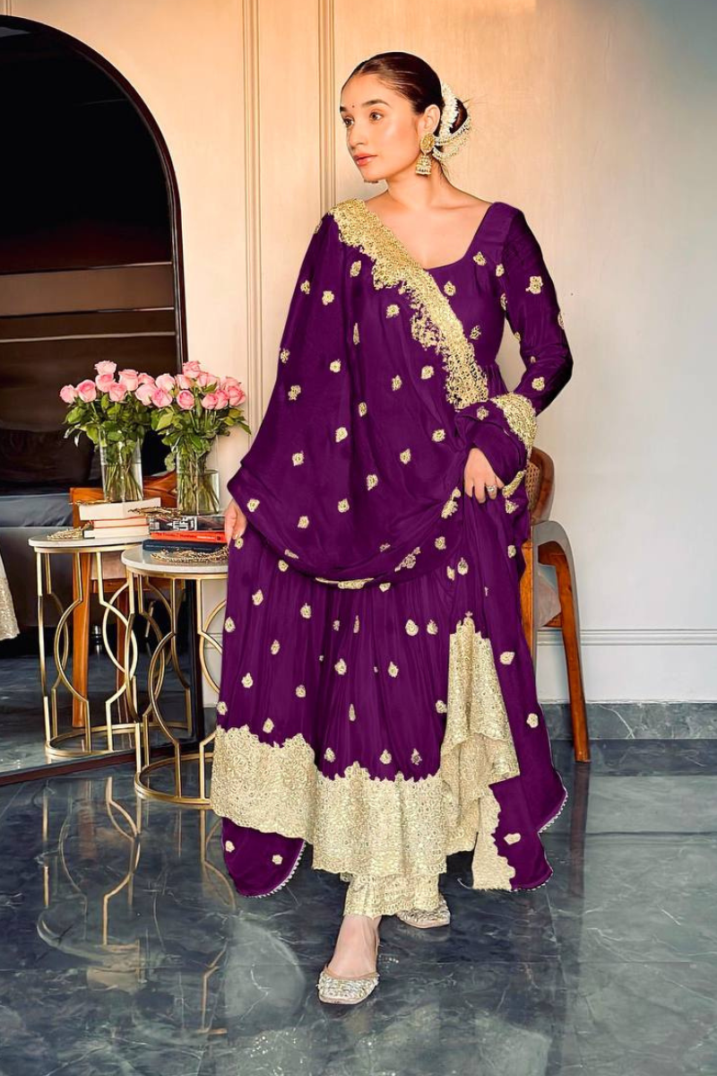 Violet Anarkali Gown with Dupatta Suit Set in Pure Chinon Silk